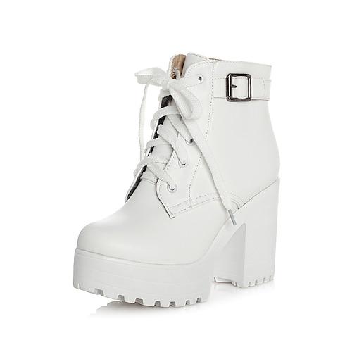 Damen Stiefel Block Fersenstiefel Schnürstiefel Stiefeletten Stiefeletten Plattform Schwarz Weiß