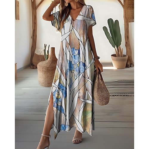 Damen Maxi Kleid Vintage Kleid Lässiges Kleid Freizeitkleid Vintage Ethnisch Tribal Drop Shoulder Urlaub Straße Feiertag Reguläre Passform Tribal Kurzarm V-Ausschnitt Weiß Blau Lila Khaki