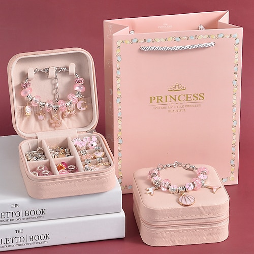 Charm-Armband Bastelset - Mädchen DIY Perlen Schmuck Bastelset Einhorn Meerjungfrau Geschenke Spielzeuge Bastel für Mädchen Geburtstagsgeschenk Festival Neujahr mit rosa Geburtstagsgeschenkbox Image