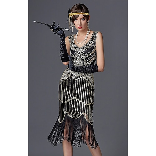 Goldene Zwanziger 1920er Retro Vintage Knielang Flapper Kleid Kleid Abschlussballkleider Ärmellos Der große Gatsby Charleston Hochzeitsgast Pailletten Patchwork V Ausschnitt Kostüm Damen Weihnachten Image