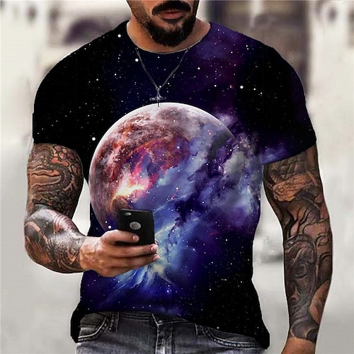Herren Grafik Galaxie Gruseliger Mond T Shirt Kurzarm T-Shirt 3D-Druck Rundhalsausschnitt Hemd Sport Designer Klassisch Täglich Sport Wochenende Schwarz Königsblau Blau Sommer Bekleidung S M L XL XXL Image