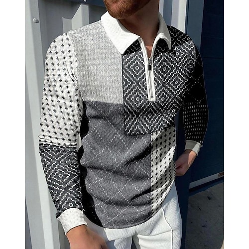 Herren Karomuster Poloshirts mit Reißverschluss Golfshirt Langarm Polo-Shirts Hemden mit Kragen Vintage Lässig Urlaubskleidung Formelle Kleidung Festivalkleidung 3D-Druck Image