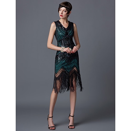 Goldene Zwanziger 1920er Knielang Kleid Flapper Kleid Halloween Kostüme Ärmellos Der große Gatsby Charleston Hochzeitsgast Pailletten Spitze Patchwork V Ausschnitt Kostüm Damen Abschlussball Image