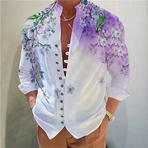 Herren Blumen Hemd Knopfhemd Langarm Mode Designer Lässig Urlaub Täglich Ausgehen Herbst Frühling Sommer Stehkragen Druck Blau Purpur Grün Grau Image