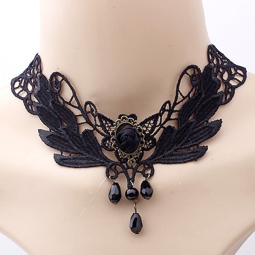Halsketten Anhänger Halskette For Damen Party Halloween Maskerade Synthetische Edelsteine Krystall Spitze Mehrlagig Schwarz Image