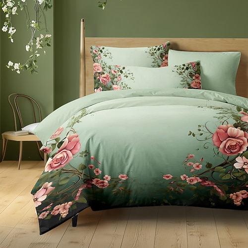 Blumenmuster-Bettbezug-Set, Bettdecken-Set, bedruckter Bettdeckenbezug, Baumwoll-Bettwäsche-Sets mit Umschlag-Kissenbezug, Raumdekoration, King-Size-Bettbezug Image