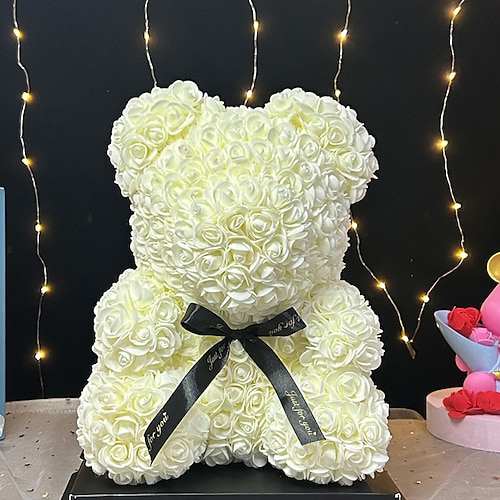 Rosenbär, künstliche Schaumblumen mit LED-Licht und Plastik-Geschenkbox – perfektes romantisches Geschenk für Muttertag, Jahrestag, Hochzeit, Geburtstag, Erntedankfest und Weihnachten, 25 cm Image