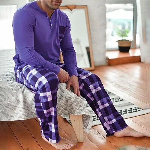 Herren Hausanzug Schlafanzüge Schlafanzug Set Pyjama-Oberteil und Hose 2 Stück Plaid Stilvoll Brautkleider schlicht Komfort Heim Täglich Baumwollmischung Komfort Henley Langarm T Shirt Hose Kordelzug Image