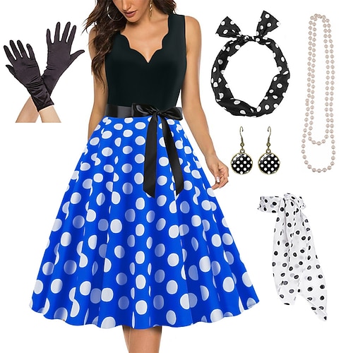Elegante Retro Vintage 1950er Jahre Grease-Outfits A-Linien-Kleid Swing-Kleid Flair-Kleid Polka-Dots Fancies Kleid Damen Party Abend Erwachsenen Kleid Handschuhe Ohrringe Image