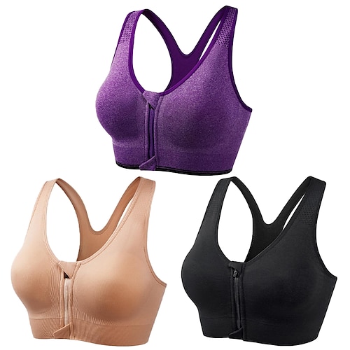 3er-Pack Sport-BHs mit starker Stützfunktion für Damen, Lauf-BH, nahtlos, Racerback-BH-Oberteil mit Reißverschluss vorne, gepolstert, für Yoga, Fitness, Fitnessstudio, Training, atmungsaktiv, Image