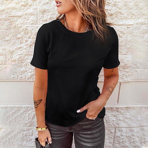 Damen T-Shirt Einfarbig Einfach Vintage Basic Klassisch Kurze Ärmel Rundhals Regular Tops Freizeit Alltag Wochenende Schwarz Weiß Pink Rot Marineblau Sommer Frühling Image