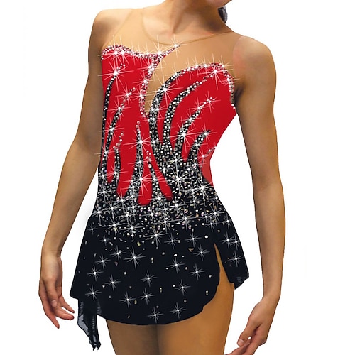 Eiskunstlaufkleid Damen Mädchen Eislaufen Kleider Austattungen Schwarz Weiß Gelb Gitter Spandex Hochelastisch Ausbildung Praxis Wettbewerb Eiskunstlaufkleidung Kristalle Ärmellos Eislaufen Image