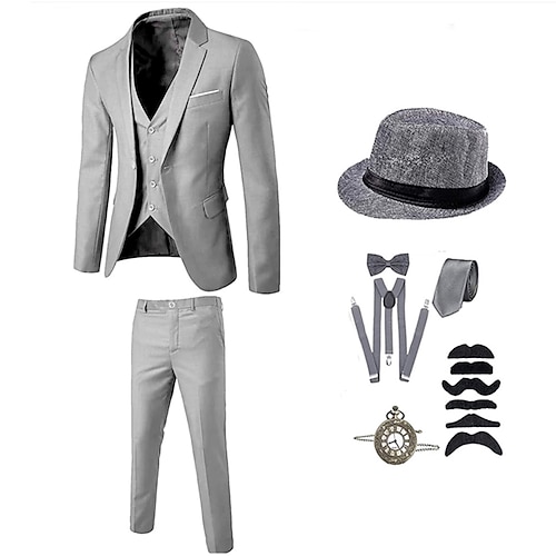 Vintage Goldene Zwanziger 1920er Outfits Anzüge Blazer Zubehörset Der große Gatsby Gentleman Einfarbig Halloween V Ausschnitt Kostüm Herren Halloween Halloween Junggesellinnenabschiedsparty Image