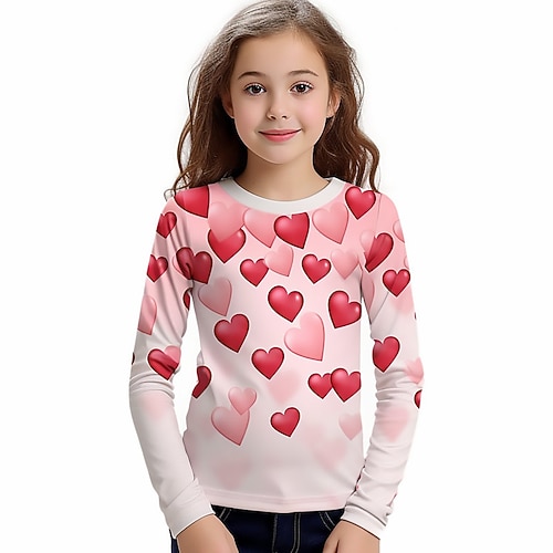Valentinstag Mädchen 3D Herz T-Shirt Hemden Rosa Langarm 3D-Druck Herbst Winter Aktiv Modisch Kuschelig Polyester kinderkleidung 3-12 Jahre Rundhalsausschnitt Outdoor Casual Täglich Regular Fit Image