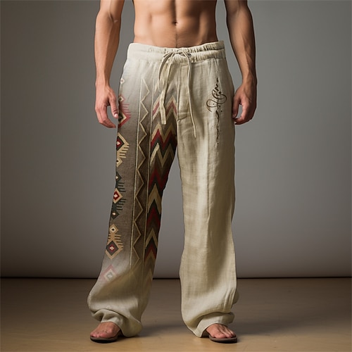 Herren Ethnisch Leinenhosen Hosen Hose Baggy-Hosen Mittlere Taille Vintage Outdoor Alltagskleidung Streetwear Herbst Winter Blau Grün Khaki Image
