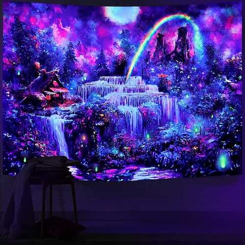 Schwarzlicht Wandteppich UV reaktiv im Dunkeln leuchtend Party Neon Wunderland Psychedelisch Trippy Misty Hängeteppich Wandbild Wandbild für Wohnzimmer Schlafzimmer Image