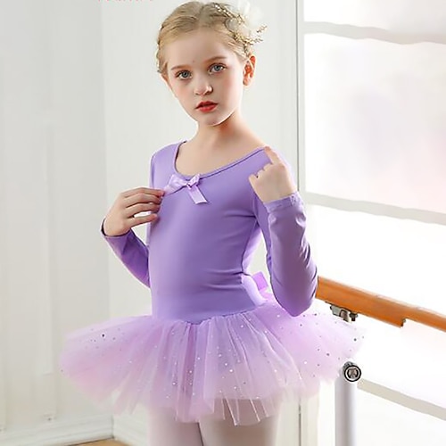Tanzkleidung für Kinder Ballett Kleid Schleife Einfarbig Farbaufsatz Mädchen Ausbildung Leistung Langarm Hoch Baumwollmischung Tüll Image