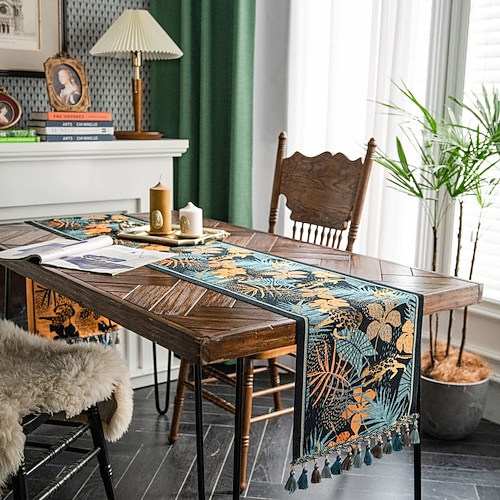 Bauernhaus-Tischläufer, Vintage-Tischläufer, Tischdekoration aus Baumwollleinen für Essen, Party, Urlaub Image