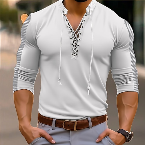 Herren Henley Hemd T-Shirt Langarm Henley Sommer Patchwork Mode Designer Basic Schnürung Urlaub Straße Ausgehen Weiß Grün Khaki Top T-Shirt für Herren Image