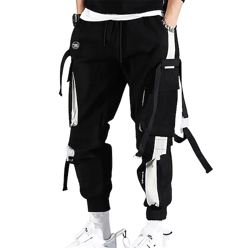 Herren Cargohose Cargohosen Cargohose Jogginghose Jogger Hose Hosen Techwear Kordelzug Elastische Taille Multi Pocket Farbblock Buchstabe Stickerei Casual Täglich Strassenmode HipHop Schwarz Image