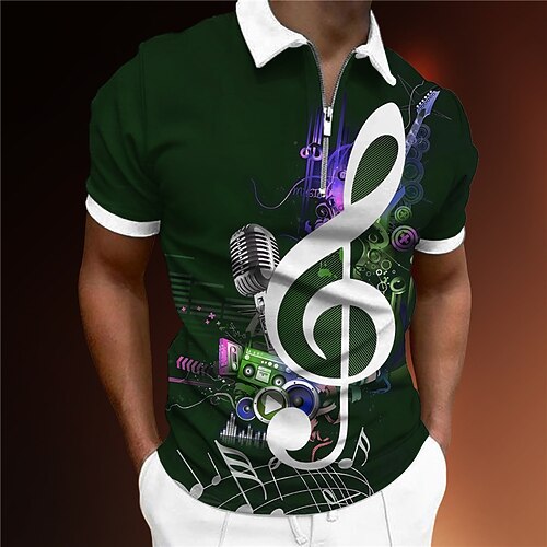 Musikfestival Herren Musik Poloshirts mit Reißverschluss Golfshirt Kurzarm Polo-Shirts Hemden mit Kragen Lässig Urlaubskleidung Festivalkleidung Party-Outfits 3D-Druck Viertelreißverschluss-Poloshirt Image