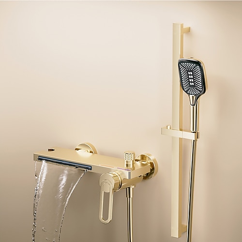 Wasserfall-Badewannenarmatur, Badezimmer-Hochdruck-Hochfluss-Badewannen-Duscharmaturen im minimalistischen Stil, höhenverstellbarer Handbrausehahn im Lieferumfang enthalten, Innenseiten mit Keramikventilen Image
