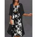 Absolventinnenkleid Midi-Kleid Zweiteiliges Kleid Set Kleid Set Lässiges Kleid Druck Kleid Elegante Mode Blumenmuster 3/4-Ärmel Rundhalsausschnitt Alltag Schwarz Weiß Pink Sommer Frühling
