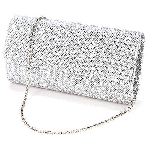 Clutch für Damen in Silber mit Glitzer – elegante Abendhandtasche mit Kettenriemen für Hochzeiten, Partys und formelle Anlässe