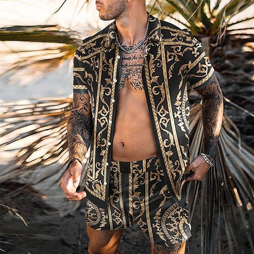Herren 3D-Druck 2St Hemden-Sets Sommer Hawaiihemd Kurzarm Kurze Hosen Umlegekragen Mode Hawaiianisch Designer Outdoor Urlaub Strand 3D-Druck Button-Down Sommer Frühling Schwarz Blau Purpur Image