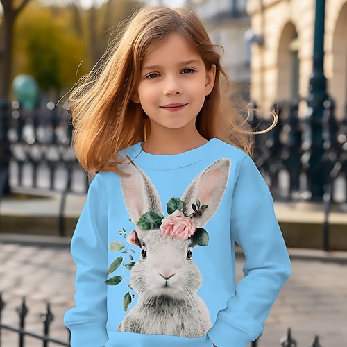 Mädchen 3D Tiermotiv Kaninchen Hase Sweatshirt Langarm 3D-Druck Sommer Herbst Mode Streetwear Niedlich Kinder 3-12 Jahre Outdoor Lässig Täglich Normale Passform Image
