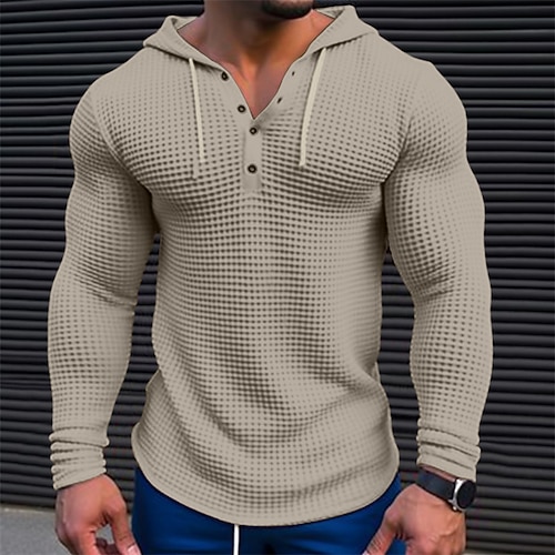 Herren Waffelhemd T Shirt T-Shirt Langarmshirt Langarm Mit Kapuze Frühling Herbst Einfach Mode Designer Basic Urlaub Straße Ausgehen Weiß Kaki Hell Gray Top T-Shirt für Herren Image
