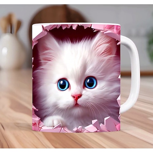 Tasse mit 3D-Druck, Kätzchenloch in einer Wand, Keramik-Kaffeetasse mit Katzenmotiv, 3D-Neuheits-Katzenbecher, Katzenliebhaber-Kaffeetasse, Katzenclub-Tasse, weiße Keramiktasse, Geschenke für Männer und Frauen Image