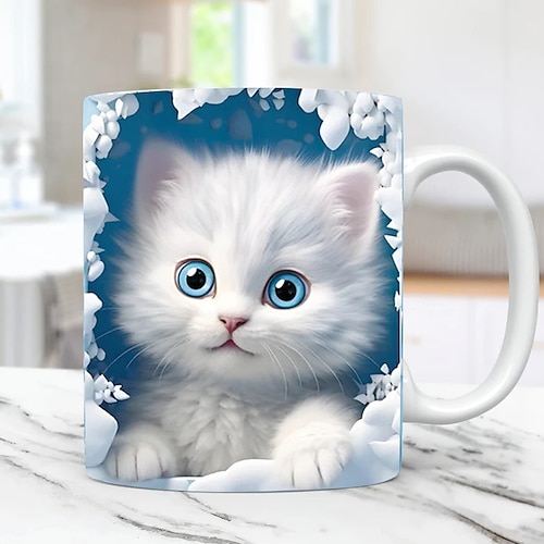 Tasse mit 3D-Druck, Kätzchenloch in einer Wand, Keramik-Kaffeetasse mit Katzenmotiv, 3D-Neuheits-Katzenbecher, Katzenliebhaber-Kaffeetasse, Katzenclub-Tasse, weiße Keramiktasse, Geschenke für Männer und Frauen Image