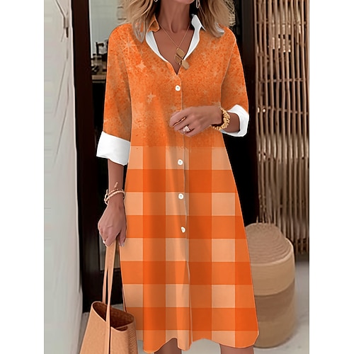 Damen Midi Kleid Hemdkleid Freizeitkleid Midi Kleid Outdoor Büro Täglich Mode Modern Hemdkragen Knopf Tasche Langarm Herbst Winter Lockere Passform Ombre Karomuster Image