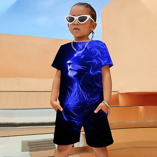 T-Shirt und Shorts mit 3D-Grafik für Jungen, Löwe, Tier, Kleidung, T-Shirt-Set, Kurzarm, 3D-Drucke, Sommer, Frühling, Aktiv, Sport, Mode, Polyester, Kinder, 4–12 Jahre, Outdoor, Straße, Urlaub, normale Passform Image