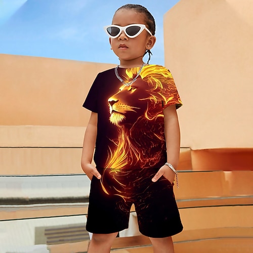 T-Shirt und Shorts mit 3D-Grafik für Jungen, Löwe, Tier, Kleidung, T-Shirt-Set, Kurzarm, 3D-Drucke, Sommer, Frühling, Aktiv, Sport, Mode, Polyester, Kinder, 4–12 Jahre, Outdoor, Straße, Urlaub, normale Passform