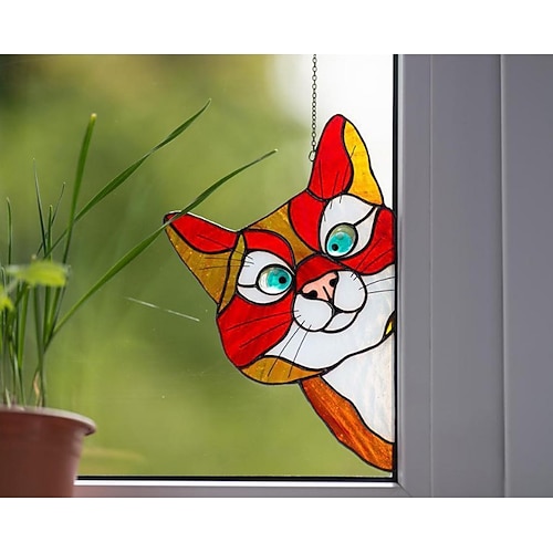 Katzen-Fensterbehang, handgefertigter Katzen-Sonnenfänger aus Buntglas, süßer Katzen-Fensterhänger aus Buntglas, spähender Sonnenfänger, Acryl-Katzen-Buntglas-Katzenfenster-Aufhänger für Katzenliebhaber Image