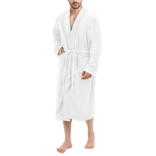 Herren Schlafanzug Morgenmantel Bademantel Glatt Stilvoll Brautkleider schlicht Komfort Heim Täglich Bett Flanell Komfort Warm Kargen Langarm Tasche Gürtel inbegriffen Herbst Winter Schwarz Weiß Image