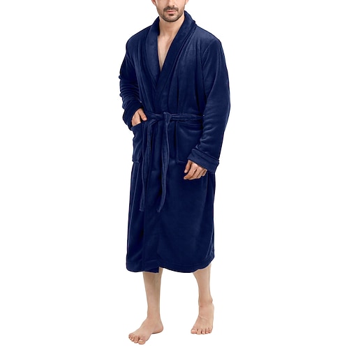 Herren Schlafanzug Morgenmantel Bademantel Glatt Stilvoll Brautkleider schlicht Komfort Heim Täglich Bett Flanell Komfort Warm Kargen Langarm Tasche Gürtel inbegriffen Herbst Winter Schwarz Weiß Image