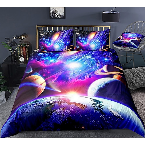 Bettbezug mit 3D-Galaxiedruck, Bettwäsche-Sets, Bettbezug mit 1 Bettbezug oder Bettdecke, 1 Blatt, 2 Kissenbezügen für Doppelbett/Königin/König (1 Kissenbezug für Zwillinge/Einzelbetten). Image