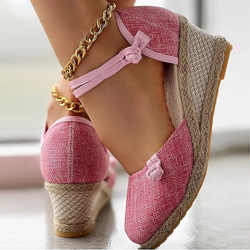 Rosa Espadrille-Keilsandalen für Damen – geschlossenes Design mit Knöchelriemen und juteumwickelter Plateausohle, ideal für Sommerpartys und die Freizeit Image