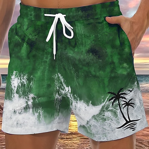 Herren Kokospalme Wellen Badehosen Badeshorts Boardshorts Mittlere Taille Hawaiianisch Lässig Ferien Strand Kordelzug mit Mesh-Futter Elastischer Bund Designer Bekleidung Image