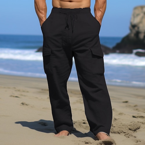 Herren Cargohose Cargohosen Hose Hosen Sommerhosen Strandhose Kordelzug Multi Pocket Gerade geschnitten Glatt Komfort Atmungsaktiv Outdoor Täglich Ausgehen Modisch Brautkleider schlicht Schwarz Weiß Image