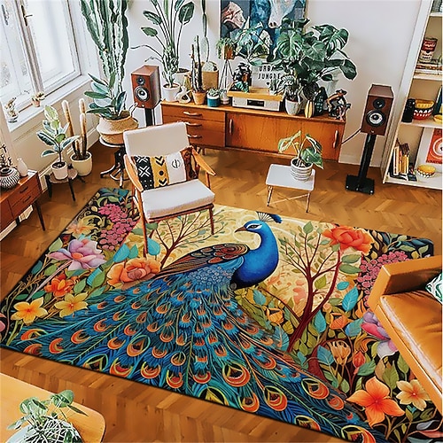 Vintage-Pfau-Teppich, Küchenmatte, rutschfeste, ölbeständige Bodenmatte, Wohnzimmerteppich, Innen- und Außenmatte, Schlafzimmerdekoration, Badezimmermatte, Eingangsteppich, Fußmatte Image