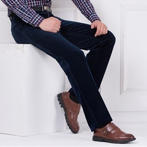 Herren Cordhose Winterhose Hose Hosen Freizeithose Tasche Gerade geschnitten Einfarbig Komfort Warm Täglich Ausgehen Modisch Strassenmode Schwarz Wein Hoher Taillenbund Mikro-elastisch Image