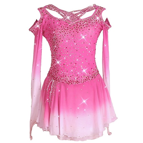 Eiskunstlaufkleid Damen Mädchen Eislaufen Kleider Austattungen Schwarz Weiß Rosa Patchwork Asymmetrischer Saum Gitter Spandex Hochelastisch Ausbildung Praxis Wettbewerb Eiskunstlaufkleidung Kristalle Image