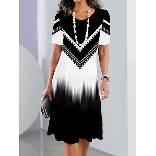 Damen Minikleid T-Shirt-Kleid Sommerkleid Druckkleid Midi-Kleid Mode Streetwear Modern Outdoor Täglich Ausgehen Normale Passform Geometrisch Farbblock Kurzarm Rundhalsausschnitt Schwarz und Wei Image