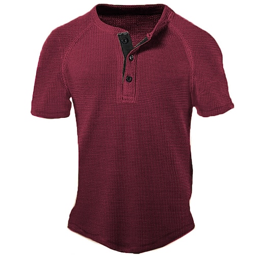 Herren Waffel-T-Shirt T-Shirt mit Knöpfen T Shirt Waffel-Henley-Hemd Kurzarm Henley Sommer Einfach Mode Klassisch Bequem Button-Down Straße Lässig Sport Navy-Blau Wein Schwarz Top T-Shirt für Herren Image