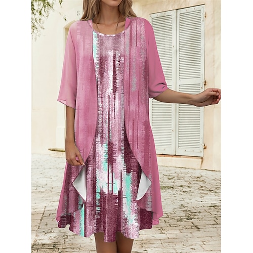 Abschlusskleider Midi Kleid Zweiteiliges Kleid Set lässiges Kleid Chiffon Kleid Druck Kleid modisch modern Druck halblange Ärmel Rundhals Outdoor Urlaub pink blau lila Frühling lockere Passform Image