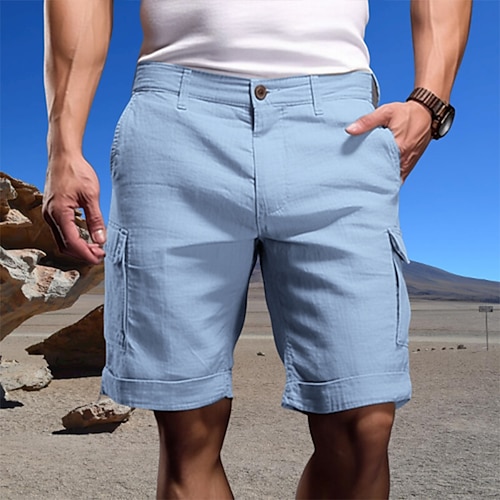 Herren Cargo-Shorts Shorts Leinenshorts Sommershorts Tasche Einfach Komfort Weich Outdoor Täglich Ausgehen Mode Lässig Weiß Himmelblau Image